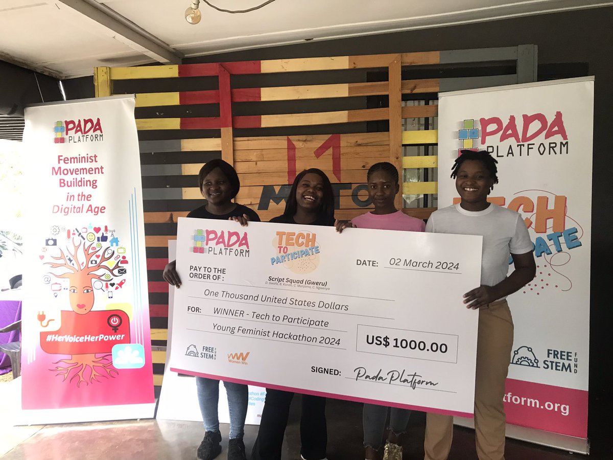 PadaPlatform's tweet photo. CONGRATULATIONS 🍾 S̳C̳R̳I̳P̳T̳ ̳S̳Q̳U̳A̳D̳ 🗣🗣 winners of the #TechtoParticipate Young Feminist Hackathon 2024. Their idea truly stood out and we can’t wait to see how much further it can be developed! #abouttheweekend @Women_Win @ZWRCNZimbabwe @AfriDigitalZW @dawa_regional https://t.co/qTKr04IKNI