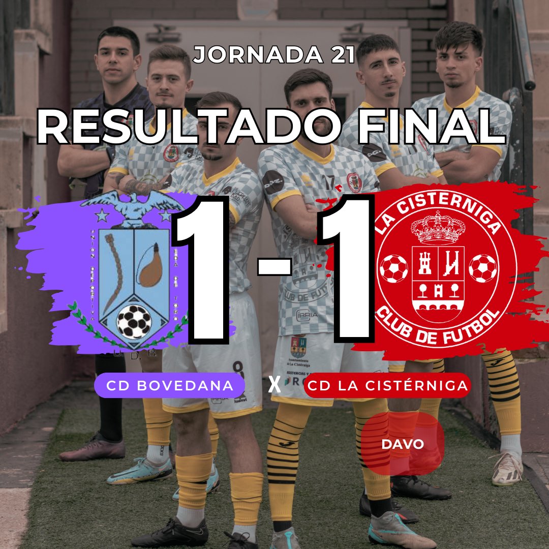 🚨 RESULTADO FINAL 🚨

🟣 UD Bovedana  1-1 CD La Cisterniga 🔴

⚽️ GOL ⚽️
Davo