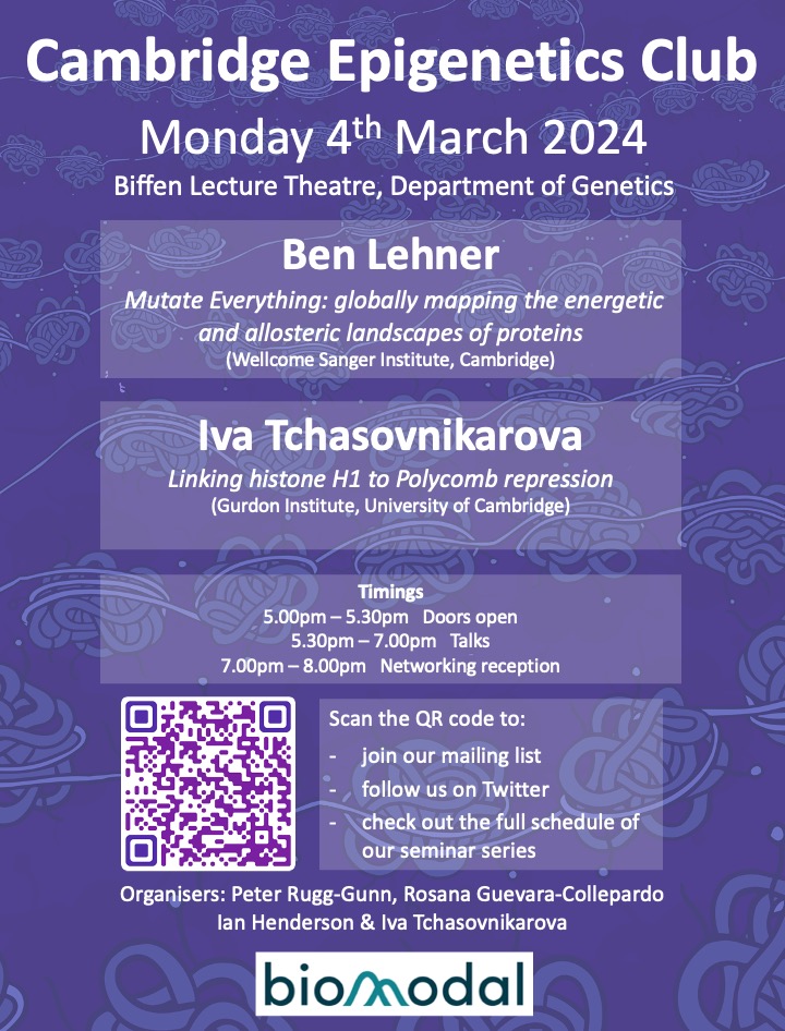 CambridgeEpigenetics (@epigeneticsclub) on Twitter photo Our next Epigenetics Club is this evening Mon 4th March with talks from <a href="/BenLehner/">Ben Lehner</a> and Iva Tchasovnikarova in the Biffen lecture theatre <a href="/GeneticsCam/">GeneticsCambridge</a> talks start at 530 - with wine, cheese and networking afterwards. Our next Epigenetics Club is this evening Mon 4th March with talks from <a href="/BenLehner/">Ben Lehner</a> and Iva Tchasovnikarova in the Biffen lecture theatre <a href="/GeneticsCam/">GeneticsCambridge</a> talks start at 530 - with wine, cheese and networking afterwards.