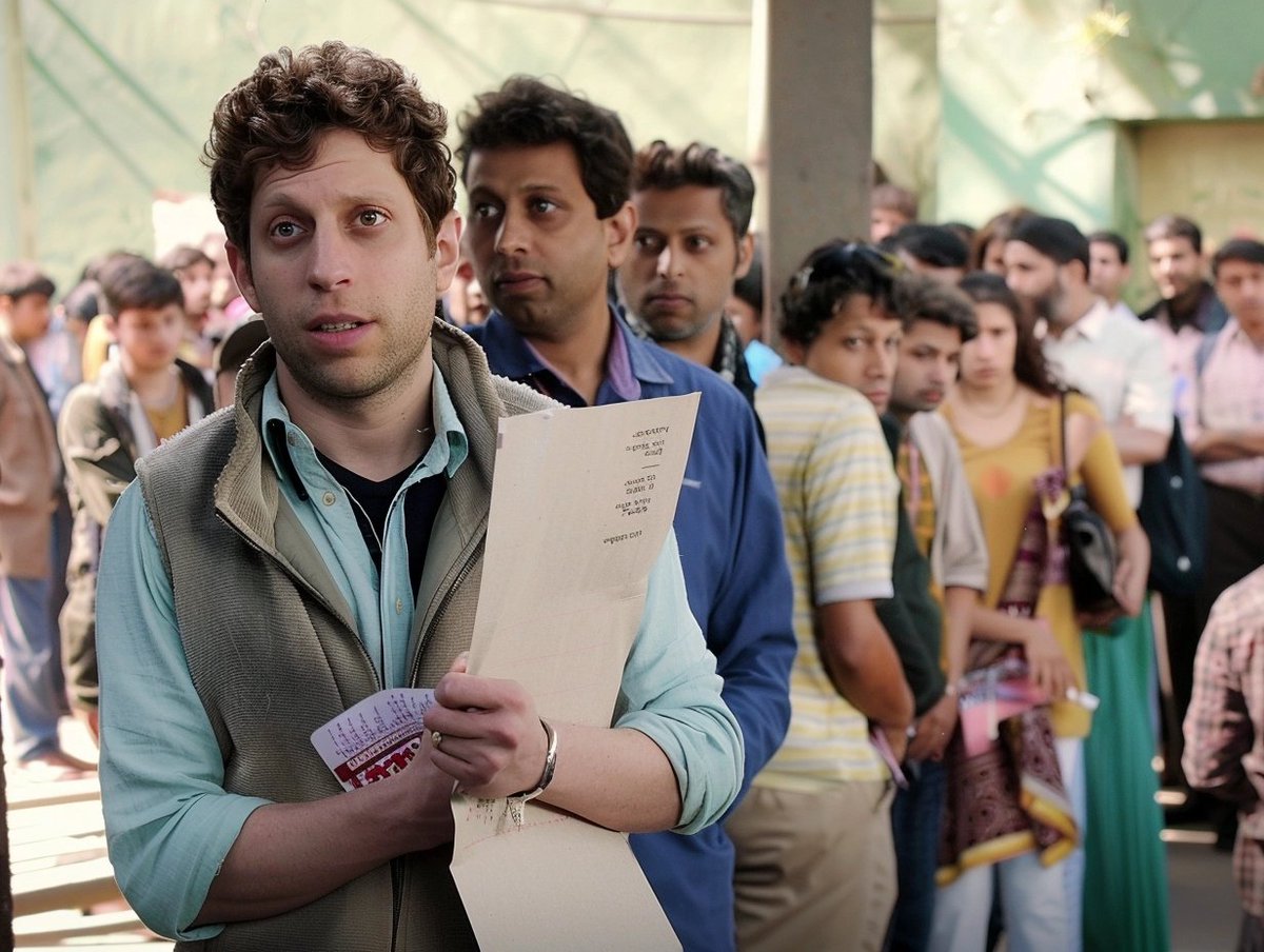 shacrw_'s tweet photo. prompt: Sam Altman standing in a long queue outside an Indian Government office. he is clutching his self attested Aadhar card copy. scene from a documentary movie.

+ an image reference. https://t.co/sYuZNO4Dka