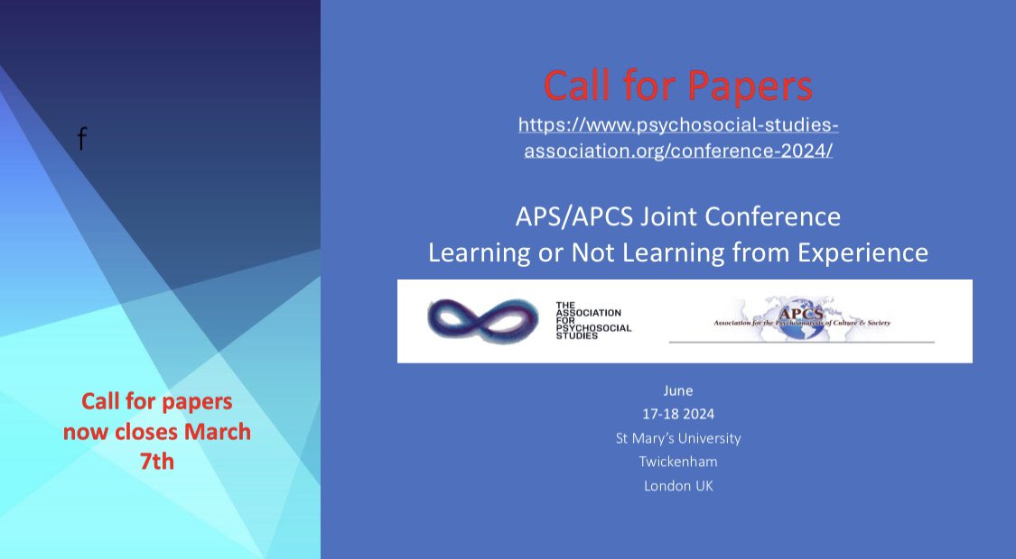 Join us in London on 17-18 June for Learning or Not Learning from Experience, a joint international #psychosocial studies conference at St Mary’s University @YourStMarys convened by @assoc4psychosoc & @APsyCulSoc. Submit your abstract by 7 March. Info here psychosocial-studies-association.org/conference-202…