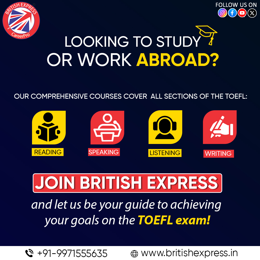 Dreaming of studying or working abroad? ✈️Our comprehensive TOEFL course ensures you're prepared for every exam section! 📚Let's ace it together! 🔥

🌐Website: bit.ly/3kkoWoL
📞Phone: +91-9971555635
.
.
.
#toefl #toeflpreparation #toeflexam #toeflprep #toeflreading