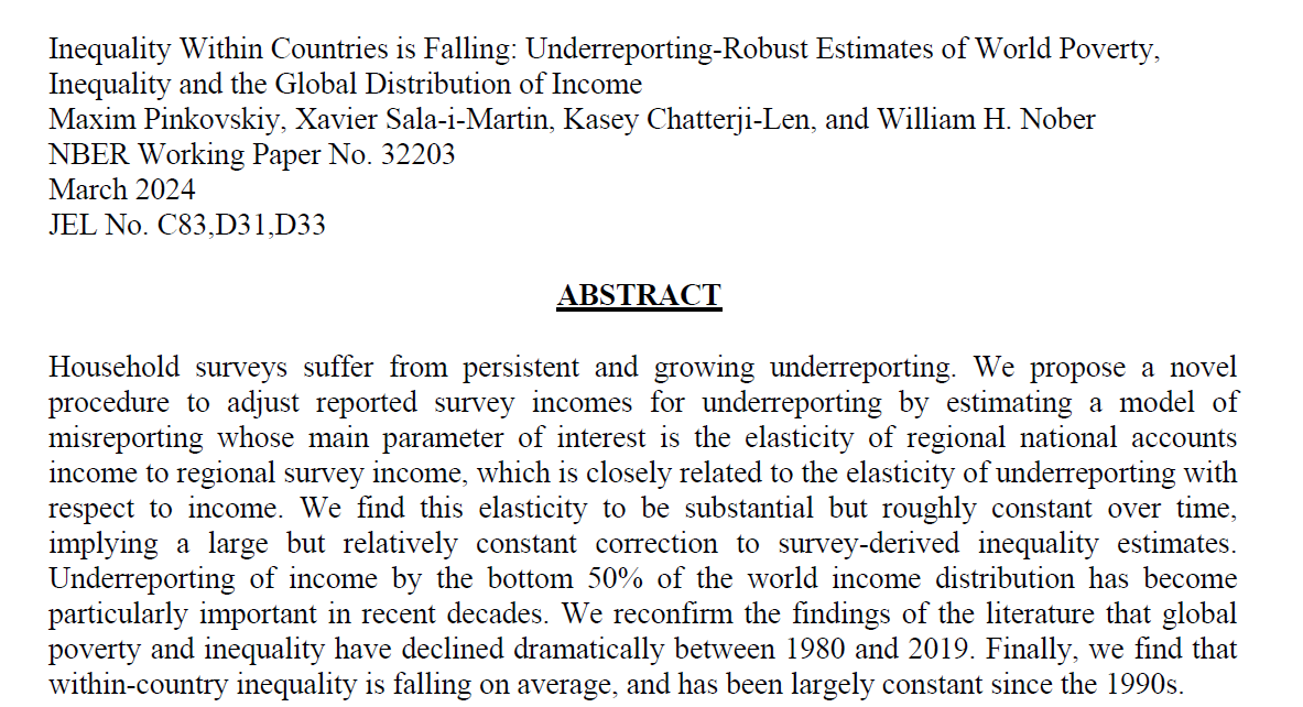 New working paper on global inequality . . . not only has between-country inequality fallen over past 2-3 decades, but so has within-country inequality nber.org/papers/w32203