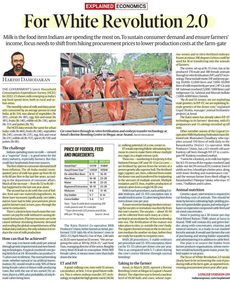 imRavikantYadav's tweet photo. 'For White Revolution 2.0'

:An Insightful article by Sh Harish Damodaran

Indians spending most:#milk

For #sustainable #consumer demand &amp; #Farmers #income 📈,
Shift frm 📈prices to lowr production costs at FarmGates

#Fodder #Feed #nutrition
#Genetics #Breeding #IVF #ET

#UPSC https://t.co/2dBUwfjo1t