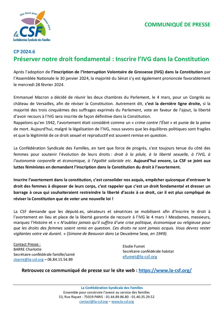 Alors que Le Parlement se réunit lundi après-midi en Congrès au château de Versailles pour voter l'inscription dans la constitution du droit à l'interruption volontaire de grossesse, La CSF fait part de sa satisfaction sur la préservation de ce droit acquis.