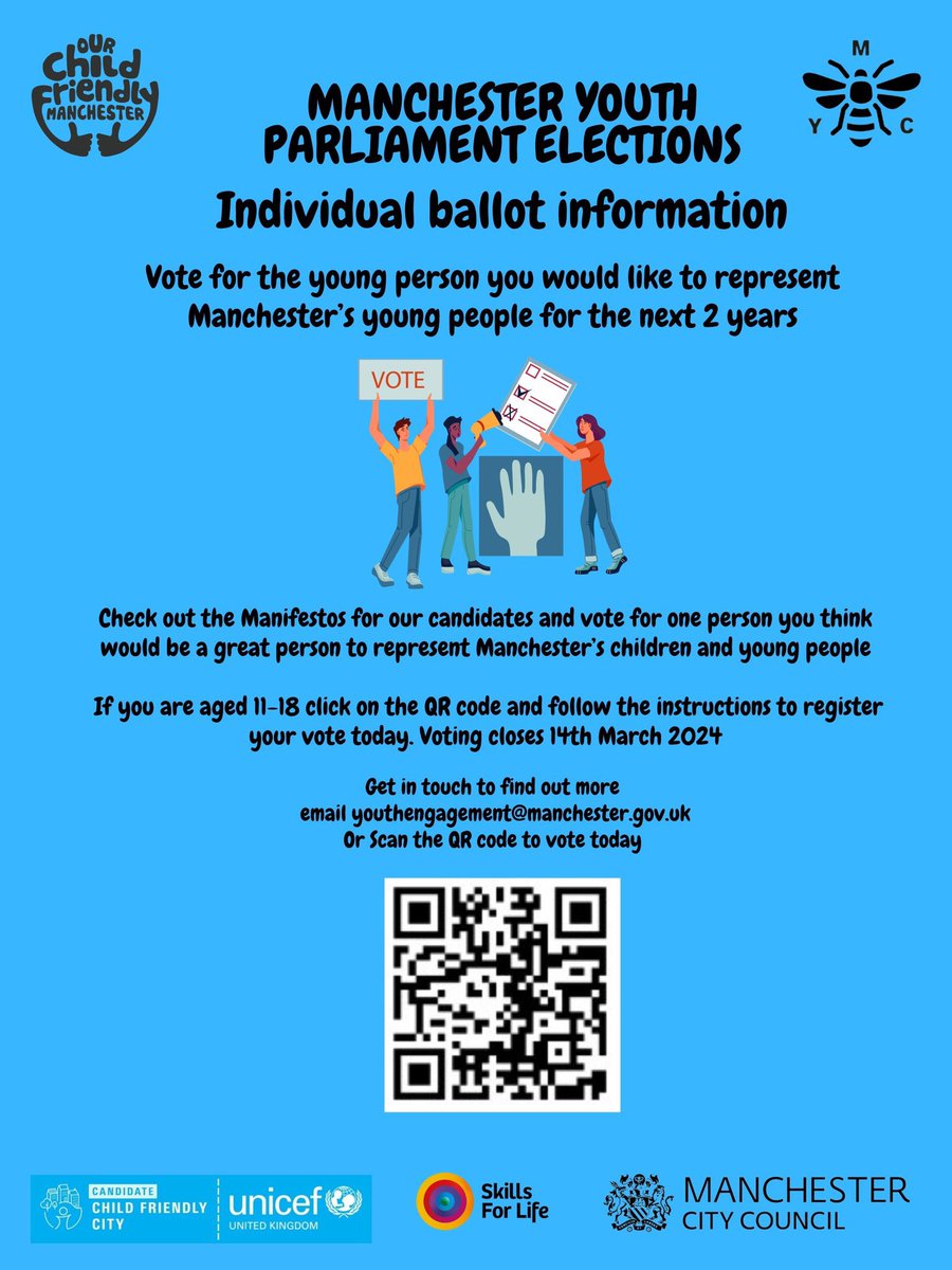 YOSG_UK's tweet photo. Delighted to wholeheartedly back the incredible Salma Abdul Hafid for Manchester Youth Parliament! Join us in supporting her vision for equal opportunities, mentorship, and making our communities safer.
Let’s vote for Salma by scanning the QR code below! #youthMP https://t.co/3uMTxNEoo3