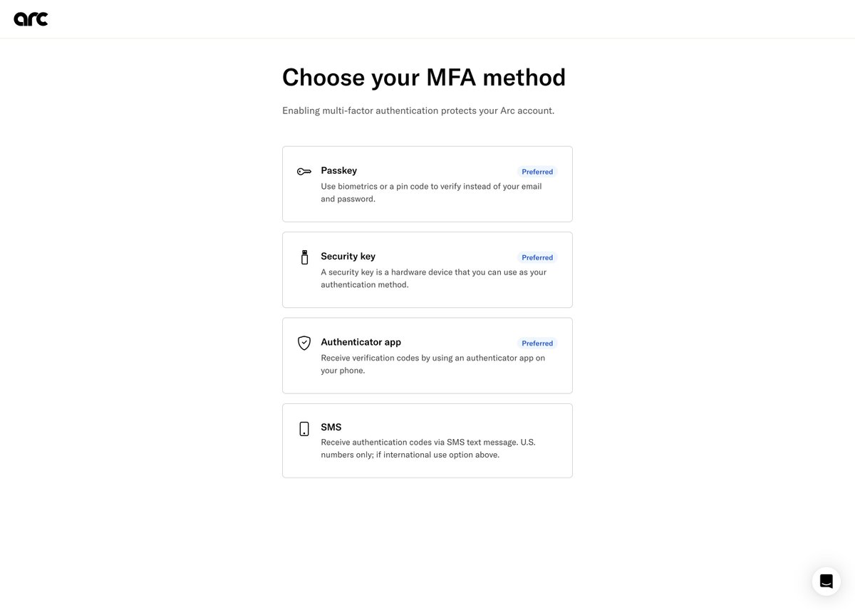 Onboarding Step - MFA Method Screen from @join_arc
