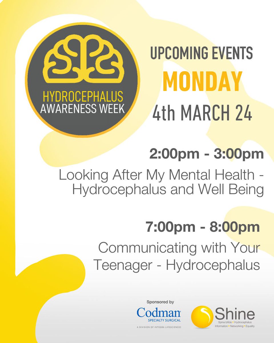 Join us today for Shine's online #LivingwithHydrocephalus events! If you haven't already, be sure to book your place 👉 shinecharity.org.uk/events Hydrocephalus Awareness Week is sponsored by Codman #Hydrocephalus #Headstart