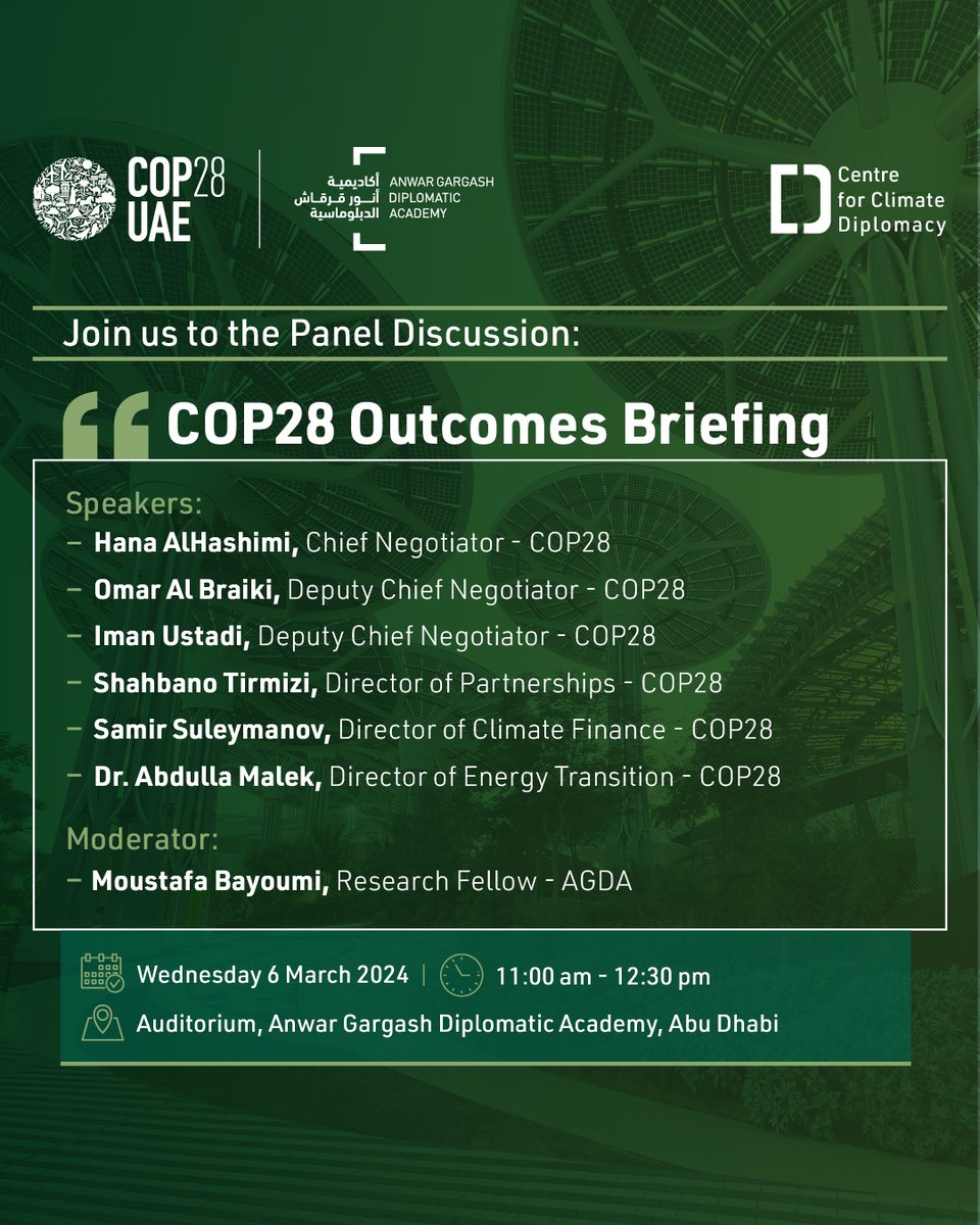 AGDA invites you to attend the event "COP28 Outcomes Briefing," which aims to delve into the pivotal outcomes of COP28, providing a comprehensive update on global climate diplomacy. To register please visit this link: t.ly/FGQdO