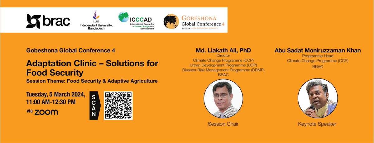 Join the session 'Adaptation Clinic- Solutions for Food Security' under the theme of food security and adaptive agriculture at the Gobeshona Global Conference 4 tomorrow! 5th March, 2024 11:00 Am-12:30 PM (GMT +6) Zoom Link: us06web.zoom.us/j/85100127335?… #Gobeshona #GGC4