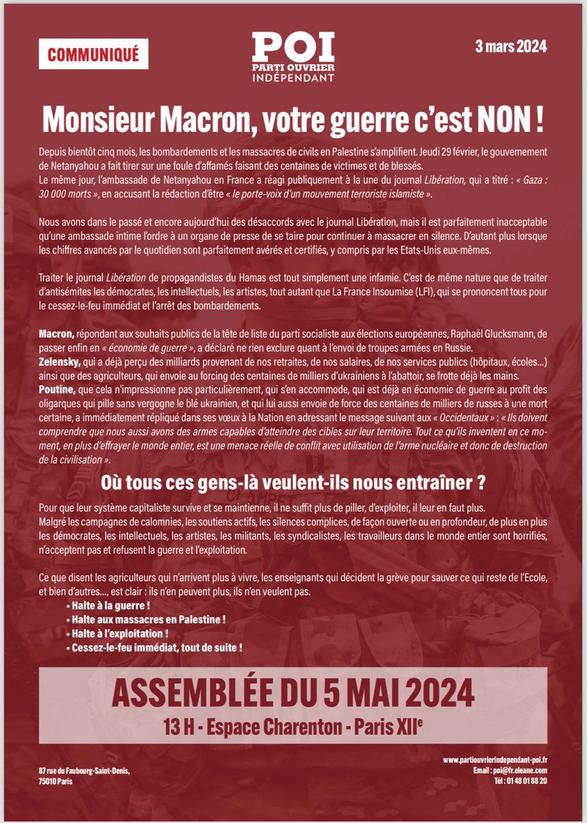 Rendez-vous le 5 mai pour l'assemblée du Parti Ouvrier Indépendant