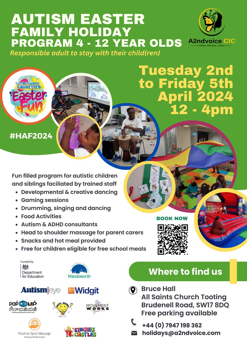 A2ndVoice's tweet image. We delighted to be hosting our #Autism Family #HAFprogram between Tooting Leisure Centre and All Saints Church Tooting.

2 to 5 April
12 to 4pm

a2ndvoice.coordinate.cloud//list

With other activities taking place at Tooting Leisure Centre.

@wandbc
@WAdvisoryAutism 
@educationgovuk