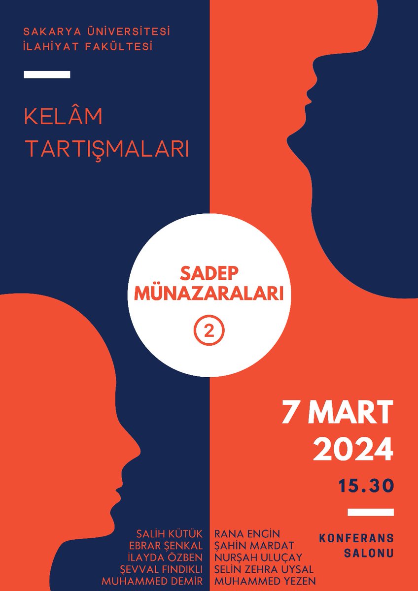 Kelâm tartışmaları bağlamında SADEP öğrencilerinin bu yıl ikincisini gerçekleştireceği münazaraya tüm öğrenci ve hocalarımız davetlidir.
Tarih: 7 Mart 2024 Perşembe
Saat: 15:30