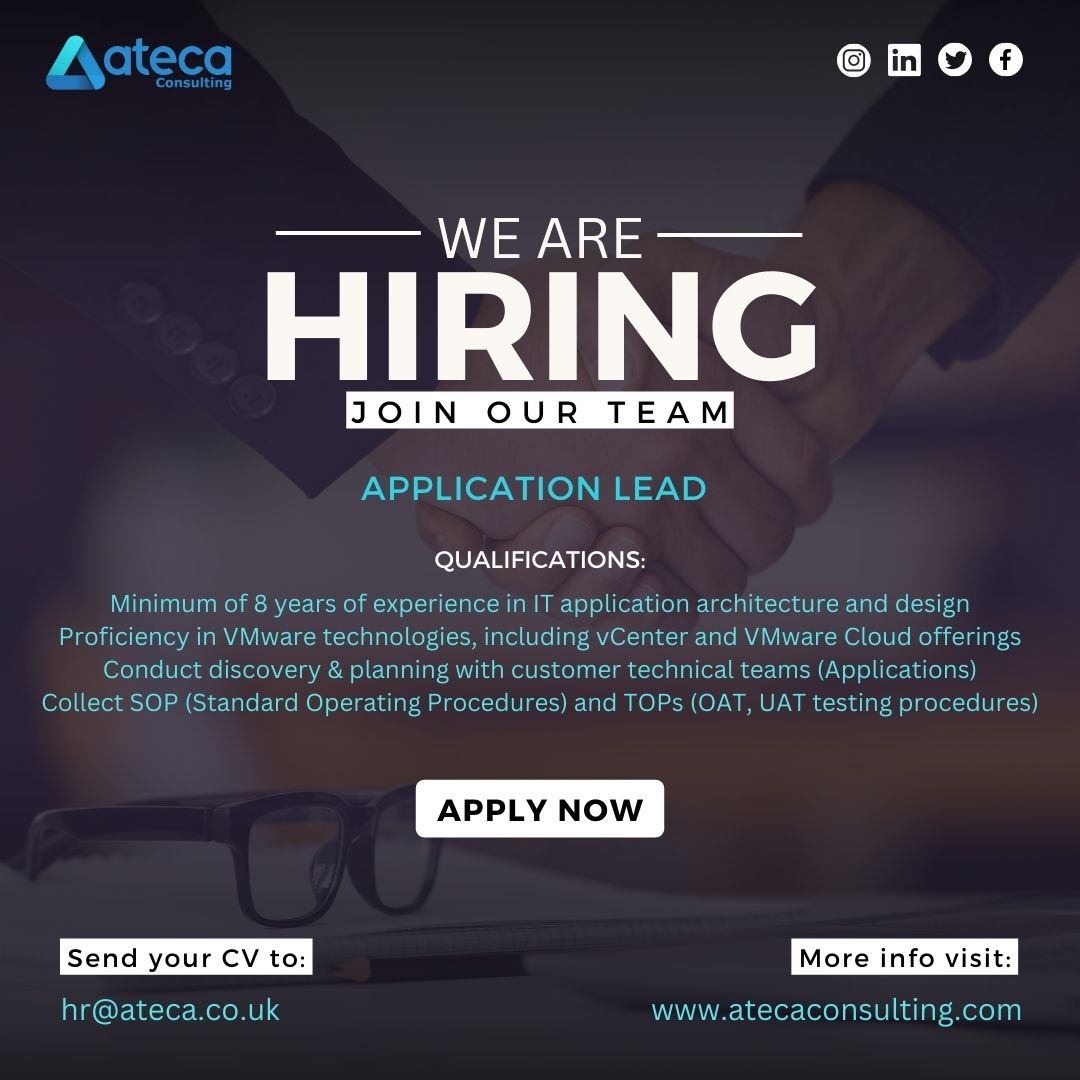 AtecaConsulting's tweet image. Join Our Team: Application Lead Wanted!
Location: Riyadh, Saudi Arabia

Are you a visionary IT leader with expertise in application architecture?

Ready to lead innovation? Apply now at hr@ateca.co.uk.

#ITLeadership #ApplicationArchitecture #VMware #JoinOurTeam #Ateca