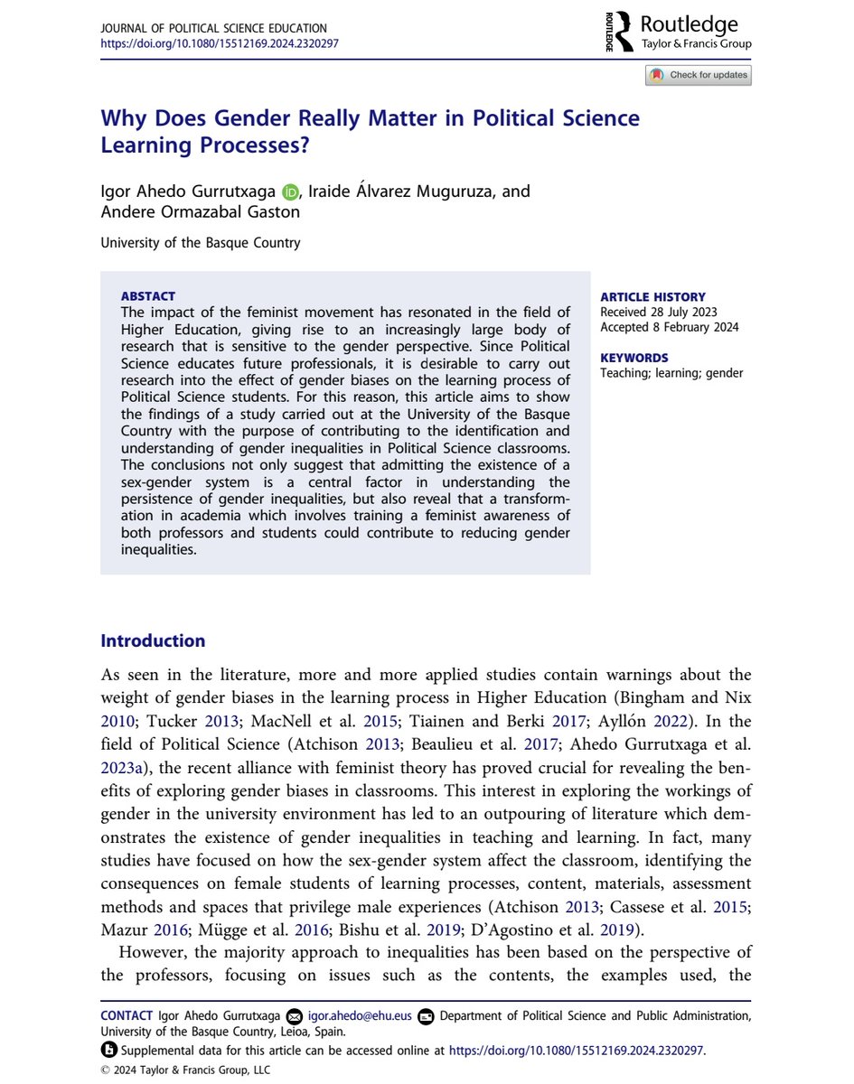 Can you help us make this research reach many people? We analyzed the political science student body in the @upvehu and demonstrated that gender affects learning in the impostor syndrome, study styles, and the distribution of tasks in the classroom. tandfonline.com/eprint/WRFJAJU…