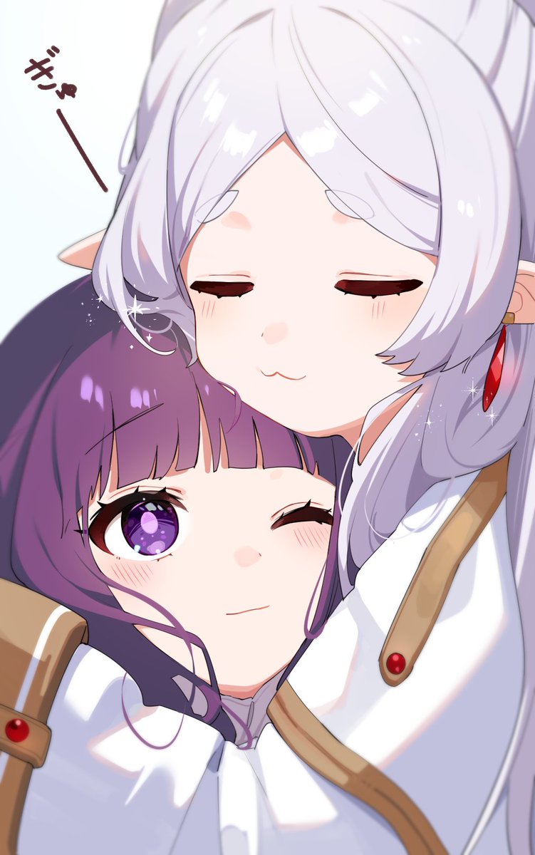 fern (sousou no frieren) ,frieren multiple girls 2girls pointy ears purple eyes one eye closed closed eyes hug  illustration images