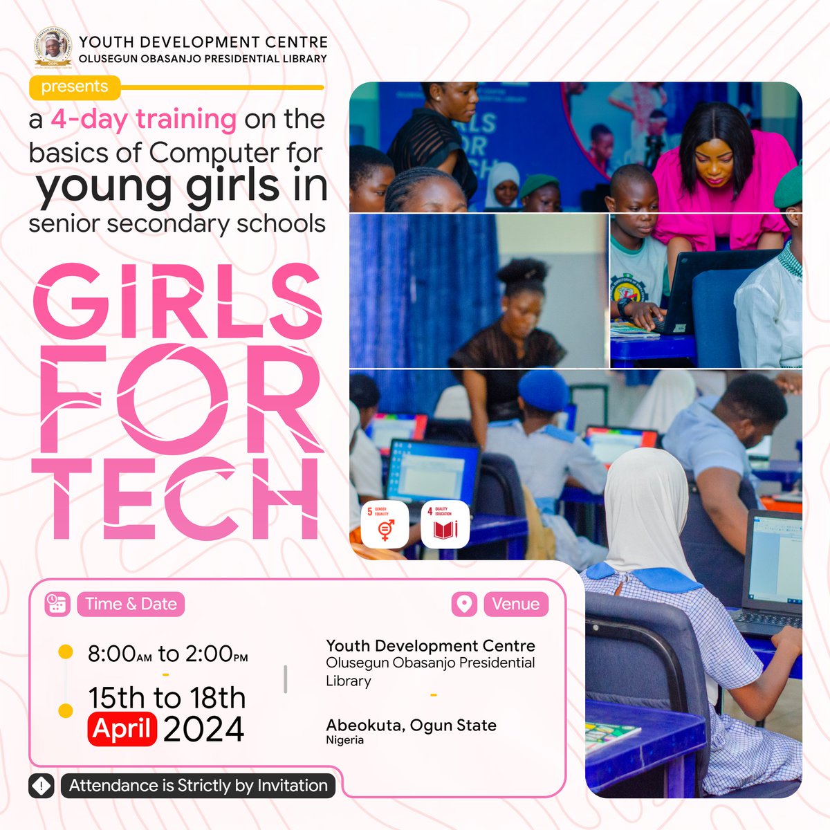 Girls for Tech Training 7.0 is open for applications!

This free program aims to enhance digital literacy among underprivileged girls in Ogun State. Over 4 days, participants will delve into Introduction to Computer and Microsoft Office Suites, basics of the Internet, and CBTs.