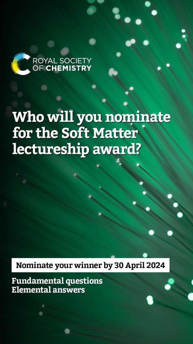 The Soft Matter Lectureship is a fantastic opportunity for early-career researchers to be recognised for their contribution to the soft matter field. Don’t delay and nominate your candidate today! Full details on eligibility and nomination here: rsc.li/SMlec24