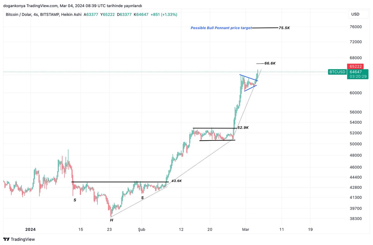 planD007's tweet photo. #Bitcoin Güncelleme 
Mavi şema ile çizdiğim simetrik üçgen 66.6k’da hedefini tamamlayacak.Daha sonrasında bu seviyede gelecek tepkilere göre boğa flaması  75k ihtimalini değerlendireceğiz.Trendi çok yakın takip ediyorum arkadaşlar en ufak bir trend değişimini paylaşacağım🤝 https://t.co/CZxqVVCdJo