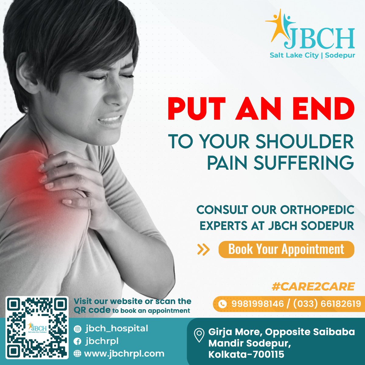 Stop the struggle. Find relief from shoulder pain with JBCH Sodepur's Joint Replacement Surgery.

Book Your Appointment 📝
Visit here for more information: buff.ly/3m6ARI6
.
.
#ShoulderRelief #PainFree #JointCare #CareToCare #KolkataHospital #JointCare #CareToCare #JBCH