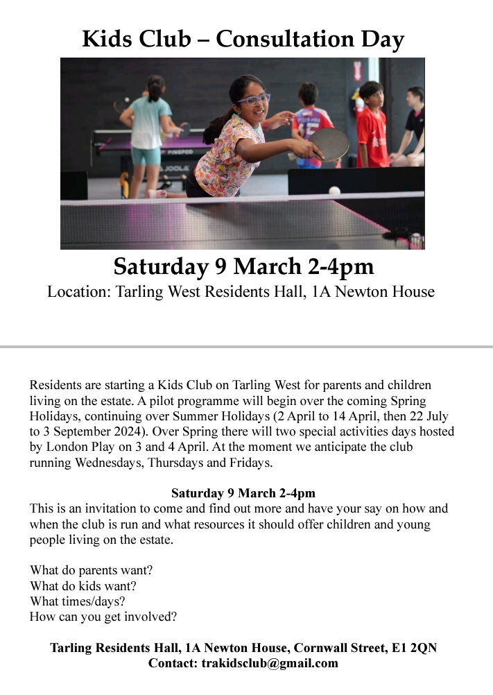 Residents are forming a kids club on Tarling West. Parents and children are invited to an open day next weekend Saturday 9 March 2-4pm, to gather ideas and views to support a pilot kids club running over spring and summer holidays 2024.