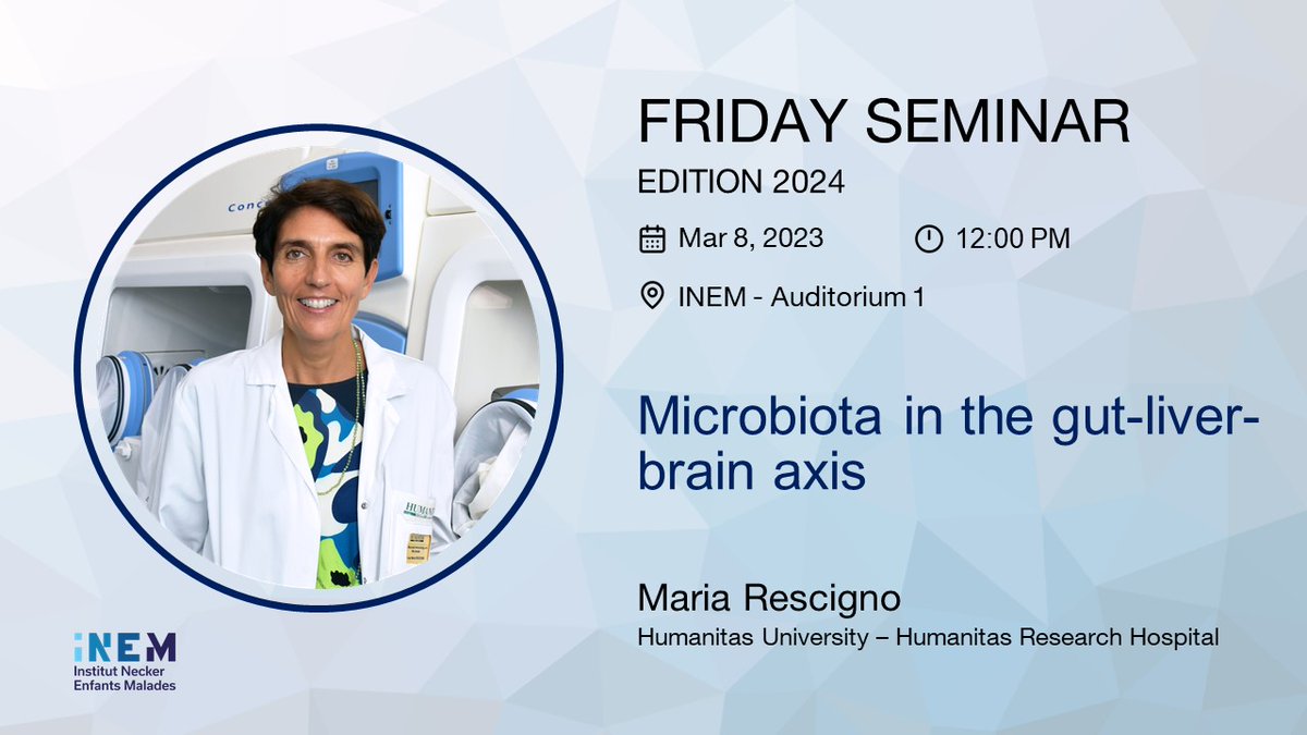 🗓️ Join us on March 8, 2024, for a new #fridayseminar featuring Prof. Maria Rescigno from Humanitas University and Humanitas Research Hospital for an enlightening talk on the role of microbiota in the gut-liver-brain axis.🧠🧫🔬