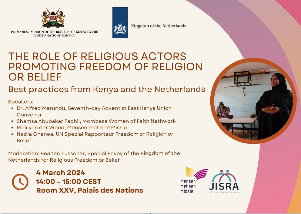 🔜Join us TODAY for #HRC55 side event: 'The Role of Religious Actors Promoting Freedom of Religion or Belief' March 4th | 14:00-15:00 Let's explore concrete experiences from Kenya 🇰🇪 & the Netherlands🇳🇱, highlighting positive impact of religious leaders promoting #FoRB ℹ️⤵️