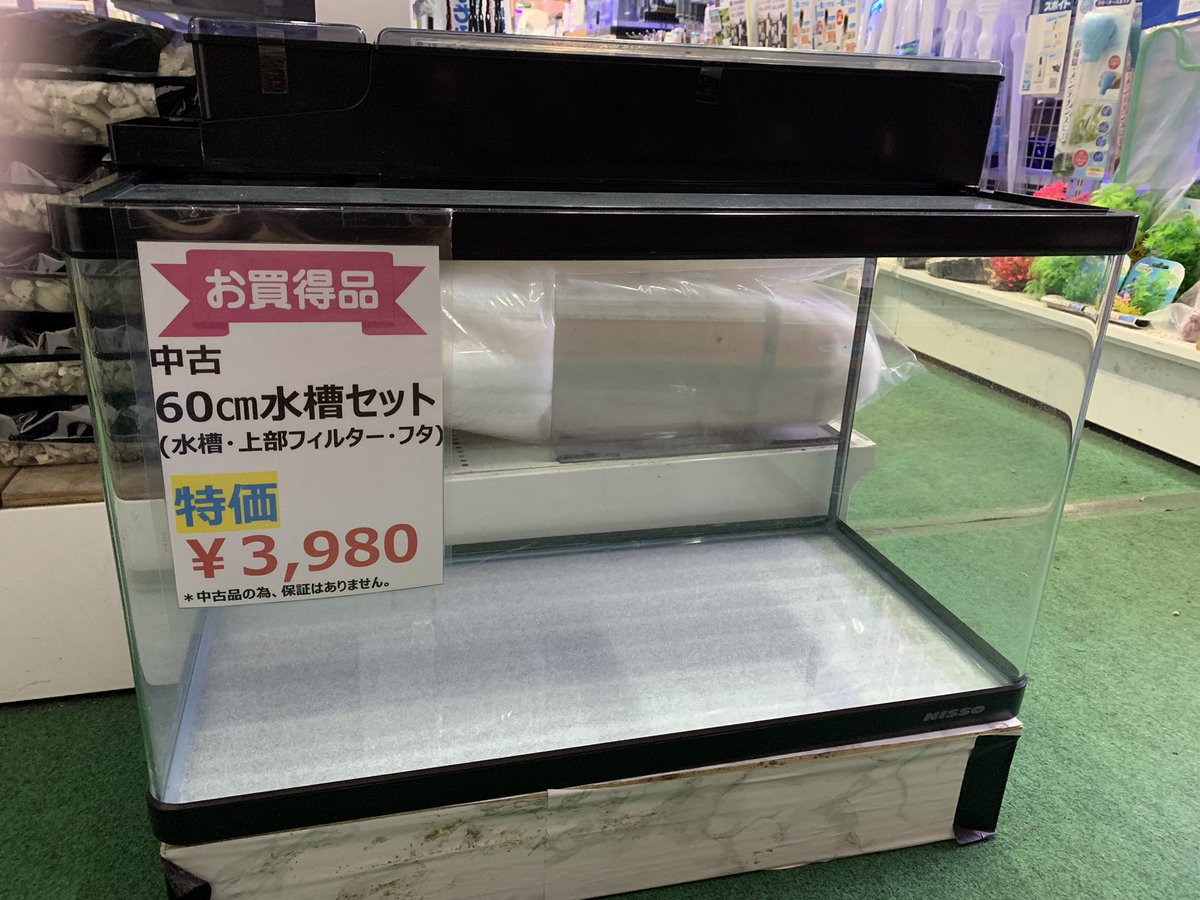中古60cm水槽セット (60cm曲げガラス水槽、上部フィルター、ガラスフタ 