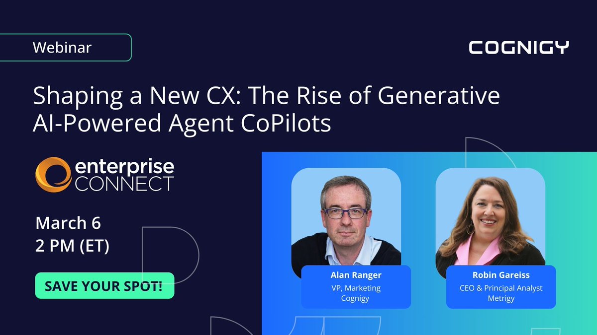 Join @RGareiss from @Metrigy, and Cognigy's Alan Ranger on March 6, 2024, at 2 pm EDT for our FREE webinar: 'Shaping a New CX: The Rise of Generative AI-Powered Agent CoPilots'. Secure your spot now: hubs.la/Q02mZldL0 #AI #Webinar #Cognigy #Metrigy