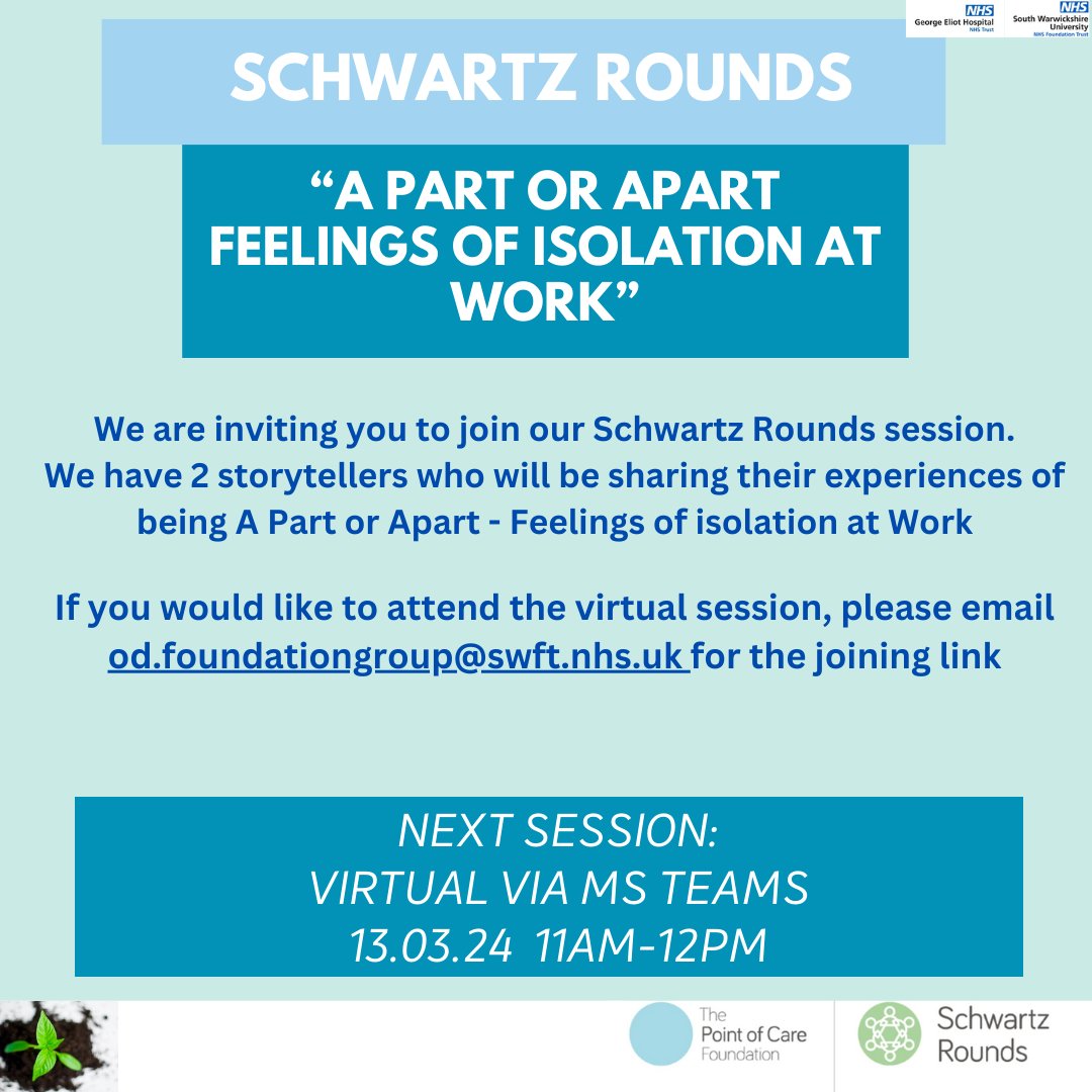 Join the next virtual Schwartz Rounds session on March 13th 11am-12pm! If you would like to attend the virtual session, please email od.foundationgroup@swft.nhs.uk for the joining link