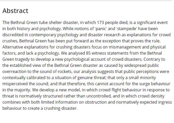 81 years ago this week, the Bethnal Green tube shelter disaster, in which 173 people died.
We present an alternative to the established view of the disaster as caused by widespread public overreaction to the sound of rockets.
bpspsychub.onlinelibrary.wiley.com/doi/full/10.11…