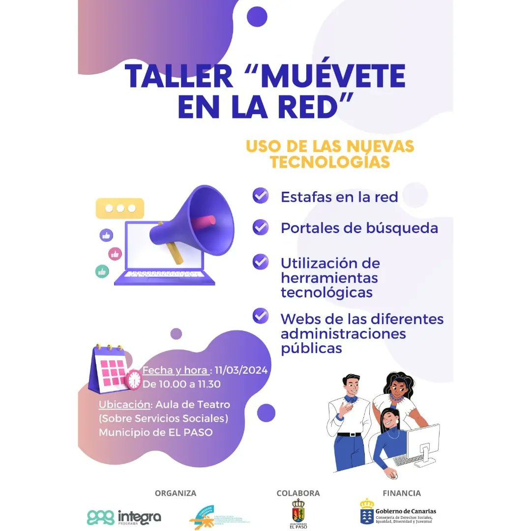 FIsonorte's tweet photo. "Múevete en la Red"💻🖥️ para el acercamiento a las nuevas tecnologías 🤓💡 

📍Santa Cruz de la Palma, El Paso, Los Llanos de Aridane y Villa y Puerto de Tazacorte.

Financiado por la Consejería de Derechos Sociales, Igualdad, Diversidad y Juventud del Gobierno de Canarias https://t.co/kZwFy2gpjR