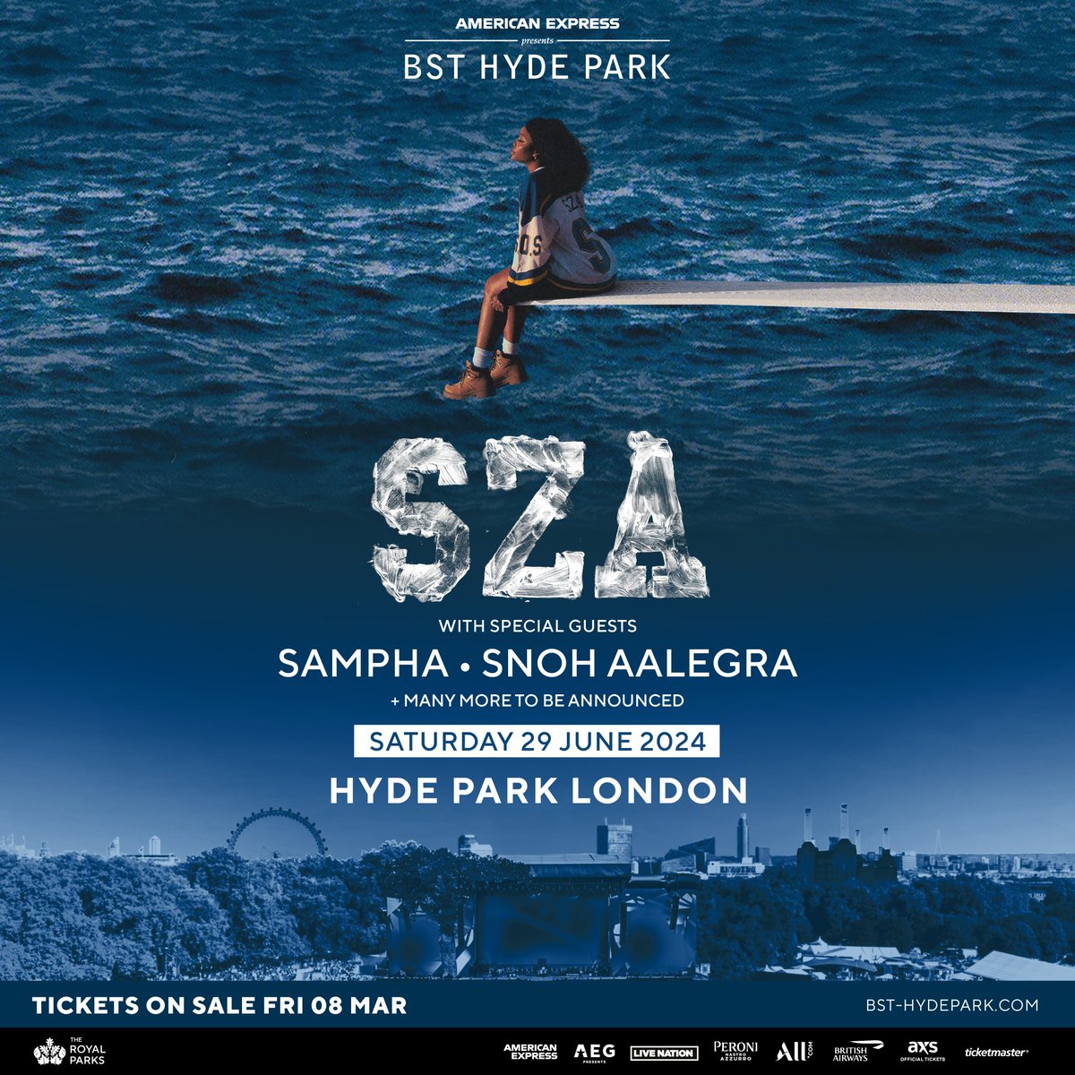 BSTHydePark's tweet photo. We're excited to announce that the new force in contemporary R&B, multi-award-winning @sza, is your next American Express presents BST Hyde Park headliner 🙌

She'll be joined by @sampha and @snohaalegra, plus a full lineup to be announced 💙

🎟 The BST Hyde Park presale goes live at 10am GMT Wednesday 6 March. Get access to the SZA presale through our website.

🎟 Tickets go on general sale at 10am GMT Friday 8 March.

VIP tickets, hospitality packages and payment plans are available. 

For more information, visit https://t.co/T8H1Kjzlie

#BSTHydePark #SZA