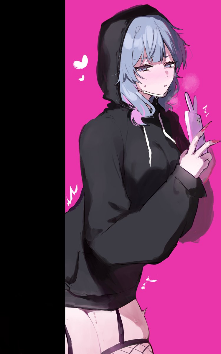 1girl hood solo phone hoodie blue hair heart  illustration images