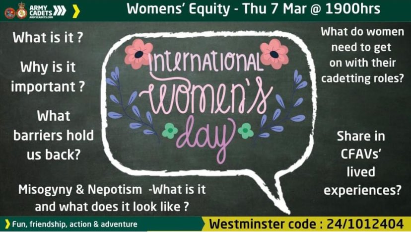 Join us on Thursday for a D&I webinar around Women’s Equity. 1900hrs 👱🏼‍♀️Why is it important for ACF/CCF? 🧕🏼What can ensure women and girls have fair opportunities ahead of them? 👩🏽‍⚖️Interactive discussion on eve of International Women’s Day