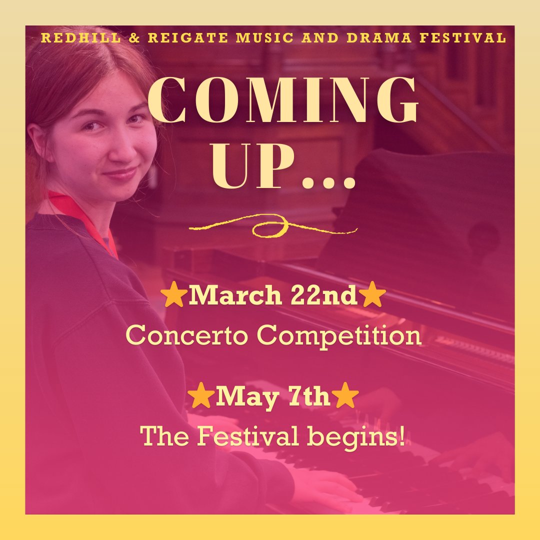 A few dates for your diary…

⭐March 22nd⭐
Concerto Competition

⭐May 7th⭐
The Festival begins!

We can’t wait to get started!

#surrey #reigate #redhill #oxted #dorking #caterham #whatsonsurrey