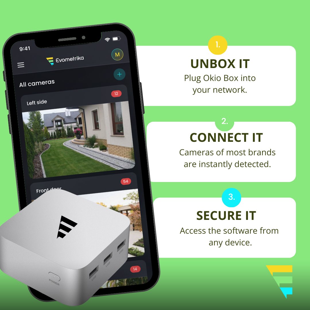 evometrika's tweet photo. The Okio Box is simple to install and use and doesn't require much technical knowledge.
This all-in-one solution offers the highest level of privacy and safety through AI algorithms, with no subscriptions or hidden costs. 
Discover more▶️https://t.co/GrAxNgf1TP
#evometrika https://t.co/35tRsDKb7u