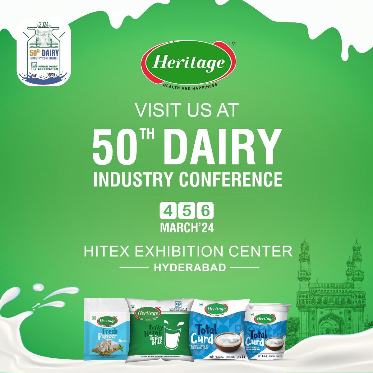 hfltd's tweet image. Discover Heritage Foods' finest products at the 50th Dairy Industry Conference! Visit us at Hall No: 01 from March 4th to 6th at Hitex Exhibition Center.
See you there!

#HeritageFoods #DairyDelights #IndustryConference #HitexExhibition #IDA