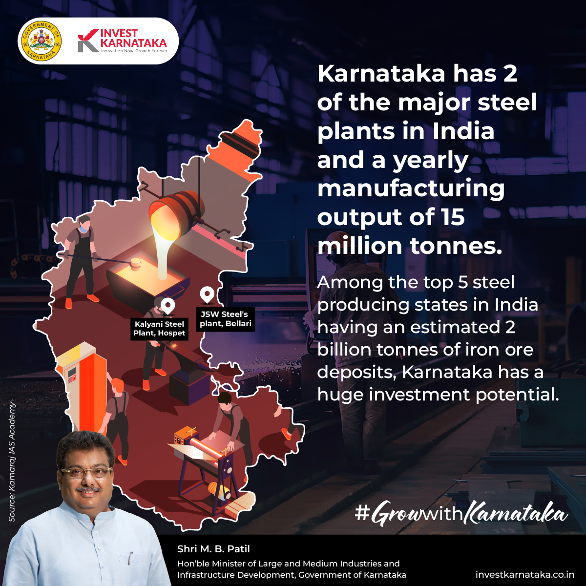 Explore the wealth of opportunities in Karnataka's #miningsector. From rich mineral reserves & world-class infrastructure to innovative technologies & skilled personnel, Karnataka contributes about 13.7% of India’s steel manufacturing output. #KarnatakaForIndia #GrowWithKarnataka