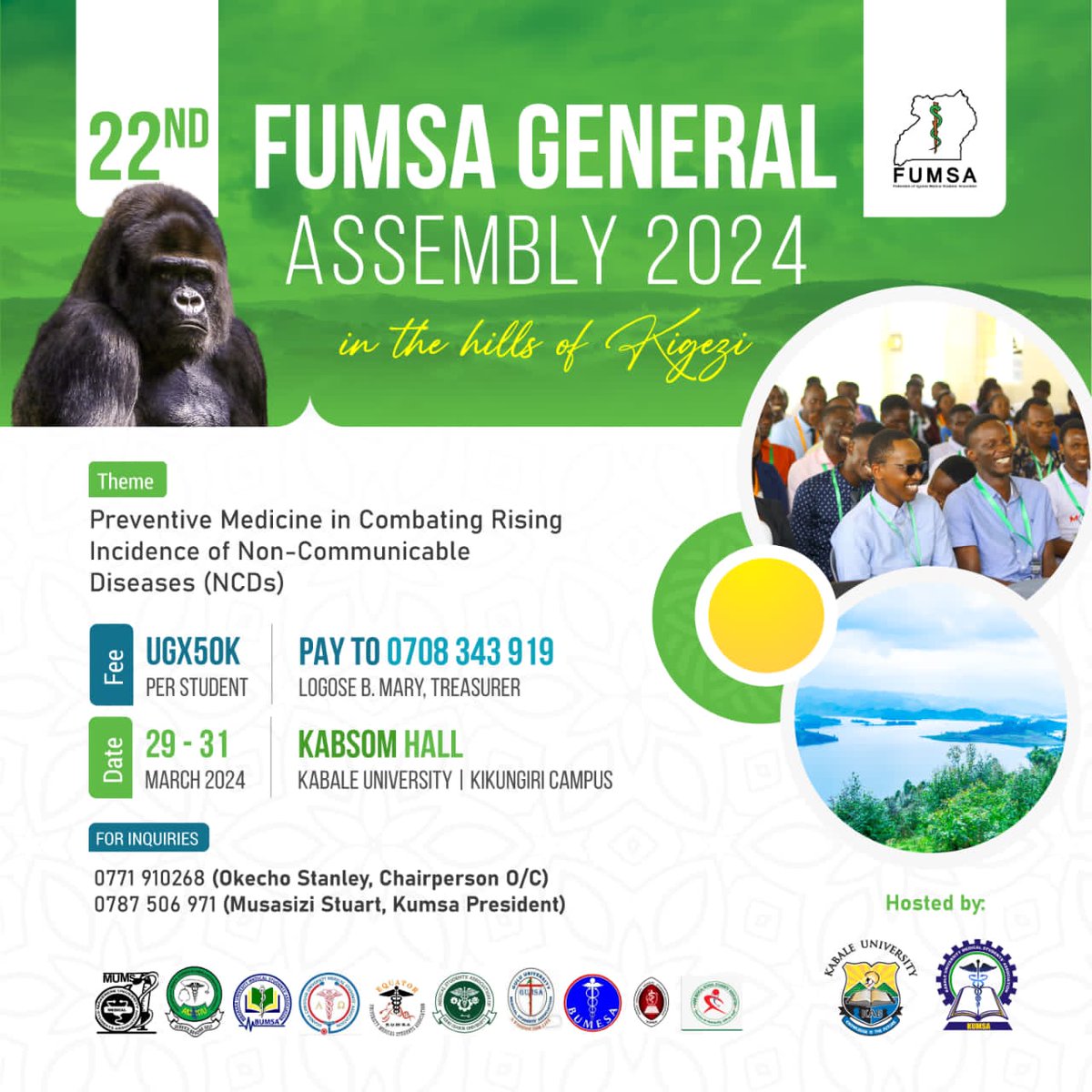 The 22nd FUMSA GENERAL ASSEMBLY 2024 will be happening at @kabuniversity hosted by KUMSA this month. A total of 10 sister medical schools are expected to attend. @Makerere_Medics @ucumsa_ @GUMSA_offical @amskiu @MBUMSA_OFFICIAL @Bumesa001 @officialMSAKcU @SorotiUniversi1