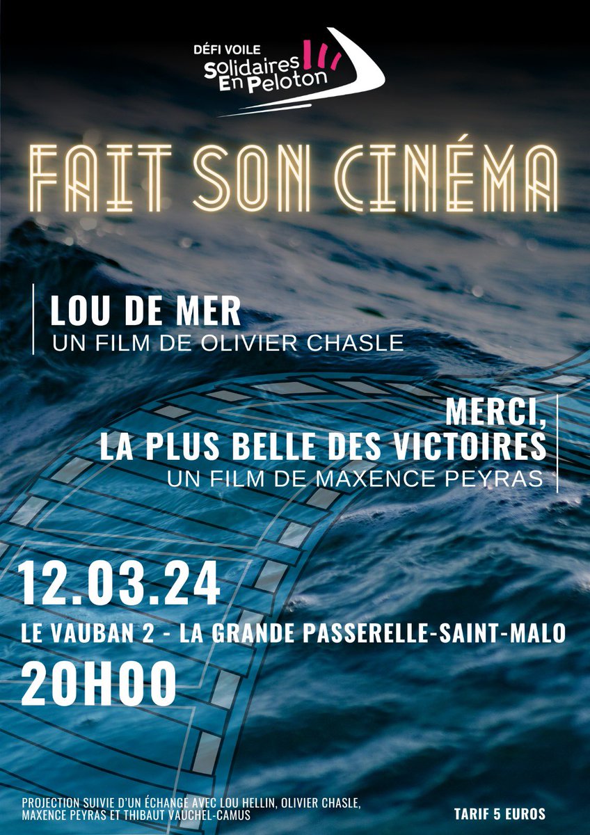 Défi Voile SEP | Thibaut Vauchel-Camus (@defivoilesep) on Twitter photo Rendez-vous le 12 mars à <a href="/SaintMaloVille/">Saint-Malo</a> 📣
Une belle occasion de découvrir sur grand écran deux documentaires qui vous plongerons dans l’univers du Défi Voile Solidaires En Peloton!
Pour acheter vos billets, cliquez ici :
helloasso.com/associations/d… Rendez-vous le 12 mars à <a href="/SaintMaloVille/">Saint-Malo</a> 📣
Une belle occasion de découvrir sur grand écran deux documentaires qui vous plongerons dans l’univers du Défi Voile Solidaires En Peloton!
Pour acheter vos billets, cliquez ici :
helloasso.com/associations/d…