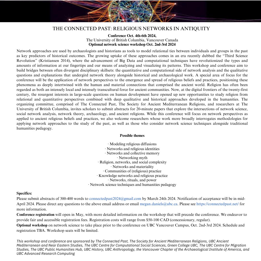 There's still time to submit an abstract to the 2024 #ConnectedPast conference in #Vancouver! CFP details below and also @ connectedpast.net #Archaeology #networks @meganjdaniels @tombrughmans @FionaCoward @LenaTambs @annacfcollar