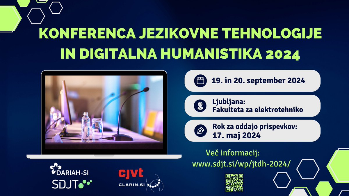 Vabljeni k sodelovanju na konferenci Jezikovne tehnologije in digitalna humanistika #JTDH2024! Konferenca bo gostila govorce s področja jezikovnih tehnologij, digitalnega jezikoslovja in digitalne humanistike.
➡️sdjt.si/wp/jtdh-2024/
🗓️ Rok za oddajo prispevkov: 17. 5.