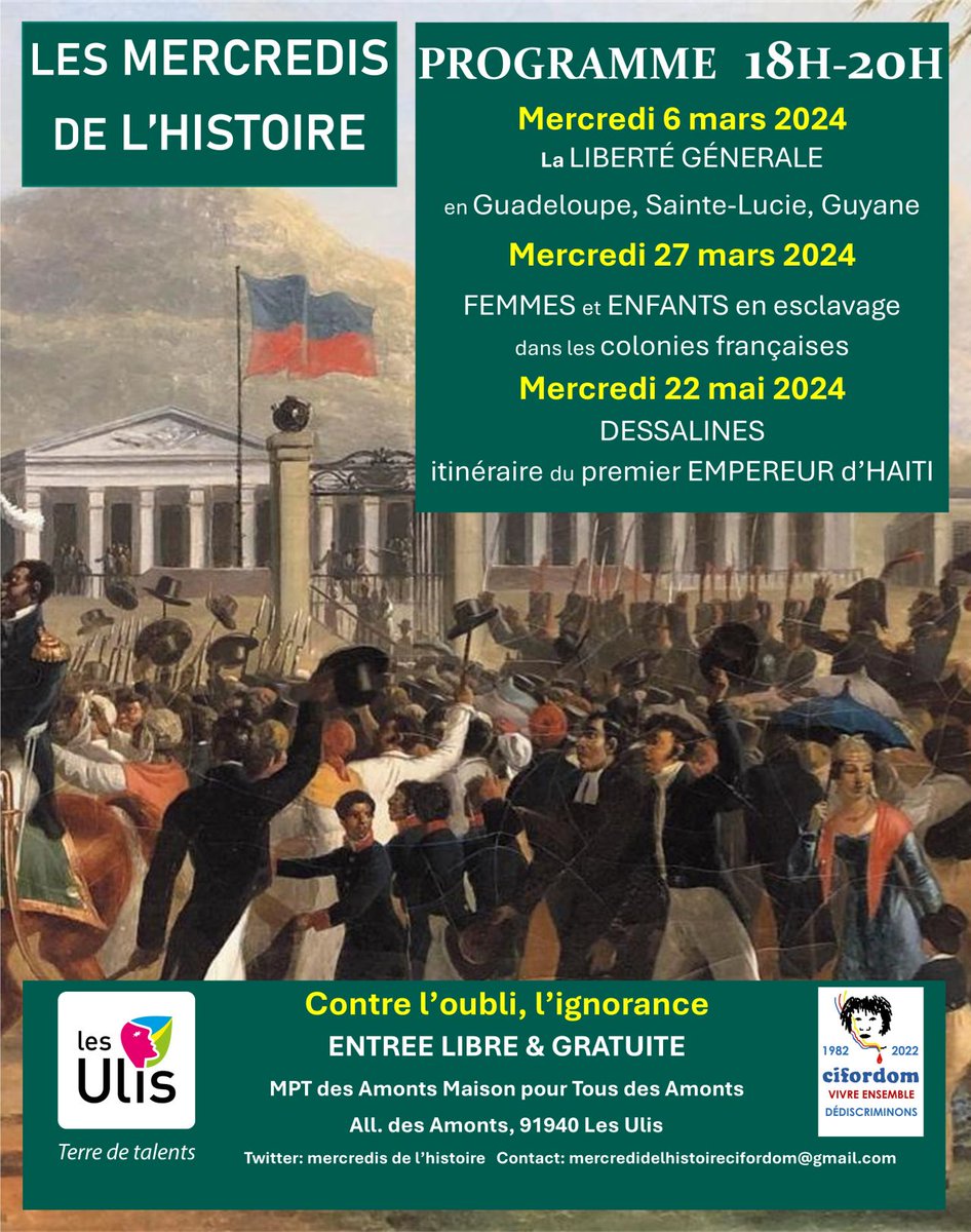 LionelTrani's tweet image. Retrouvez notre programme des #Mercredis de l'histoire pour la commune des #Ulis et de @villedemassy   @apece @Cifordom José Pentoscrope
Les thématiques proposées permettent de comprendre l'impact de la société #coloniale sur les populations mises en #esclavage