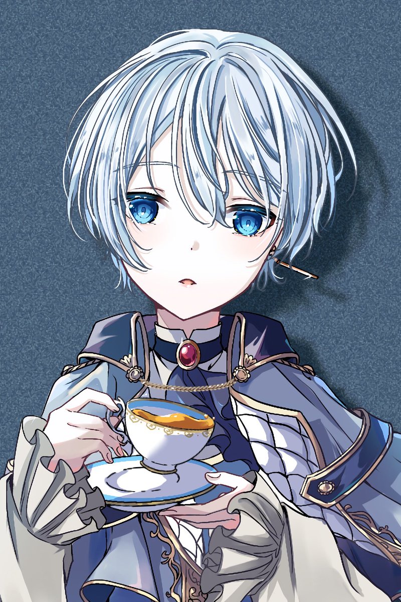 blue eyes cup teacup solo short hair jewelry holding  illustration images