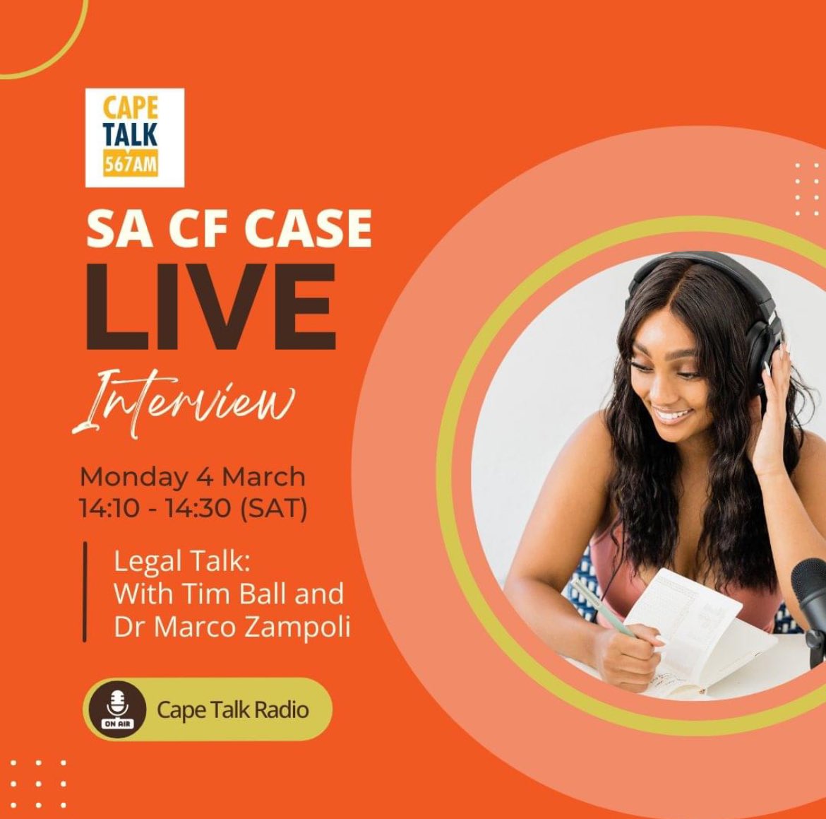 Listen in to CapeTalk radio today as Dr Marco Zampoli and Tim Ball from Webber Wentzel discuss the legal case between South African CF patients and Vertex. ‘Legal Talk’: 14:10 - 14:30 (SA time). Livestream: primediaplus.com/station/capeta… #CysticFibrosisSA #RightToBreathe