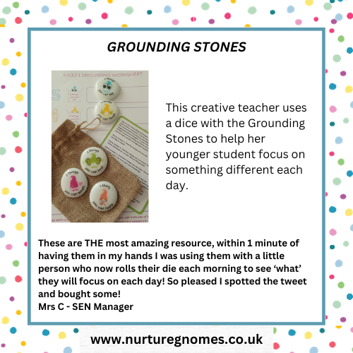 More Grounding Stones going out in the post today. Based around the 54321 technique, to help re-direct anxious thoughts. Sensory and visual to help with focus.
nurturegnomes.co.uk/product/ground…

#mindfulness #anxietyawareness #schools #playtherapy #childrenswellbeing #MentalHealthSupport