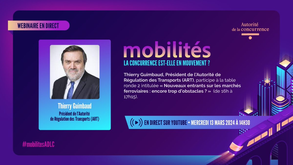 🗓️ À l’occasion du webinaire organisé par <a href="/Adlc_/">Autorité de la Concurrence</a> , Thierry Guimbaud interviendra le 13 mars prochain à la table ronde 🚆 « Nouveaux entrants sur les marchés ferroviaires : encore trop d’obstacles ? »

Plus d'informations ici : autoritedelaconcurrence.fr/fr/article/web…
<a href="/Th_Guimbaud/">Thierry Guimbaud</a> #MobilitésADLC