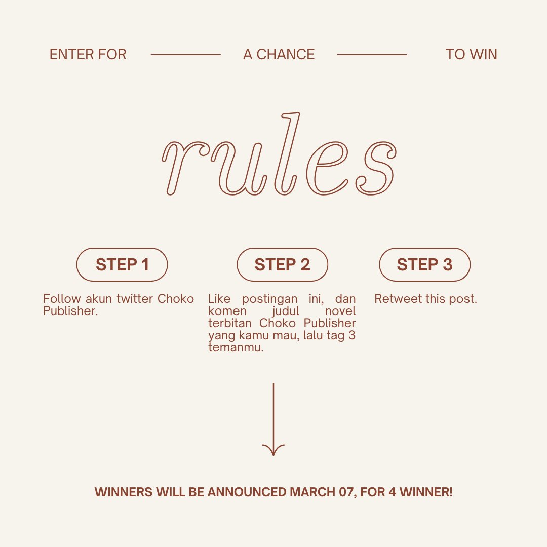 ChokoPublisher's tweet photo. Choko Publisher is 4 Years Old! Time for a Book Giveaway!

Mari rayakan ulang tahun Choko Publisher yang ke-4 dengan giveaway spesial!

HADIAH: 4 orang pemenang akan mendapatkan novel terbitan Choko Publisher pilihan mereka!

Rules:
1. Follow akun Twitter @ChokoPublisher
2. Like and Retweet postingan ini.
4. Komen judul novel terbitan Choko Publisher yang kamu mau, dan tag 3 temanmu.

Note : Pemenang akan diumumkan pada tanggal 7 Maret 2024 untuk 4 orang pemenang!

Ayo buruan ikutan dan menangkan novel favoritmu!