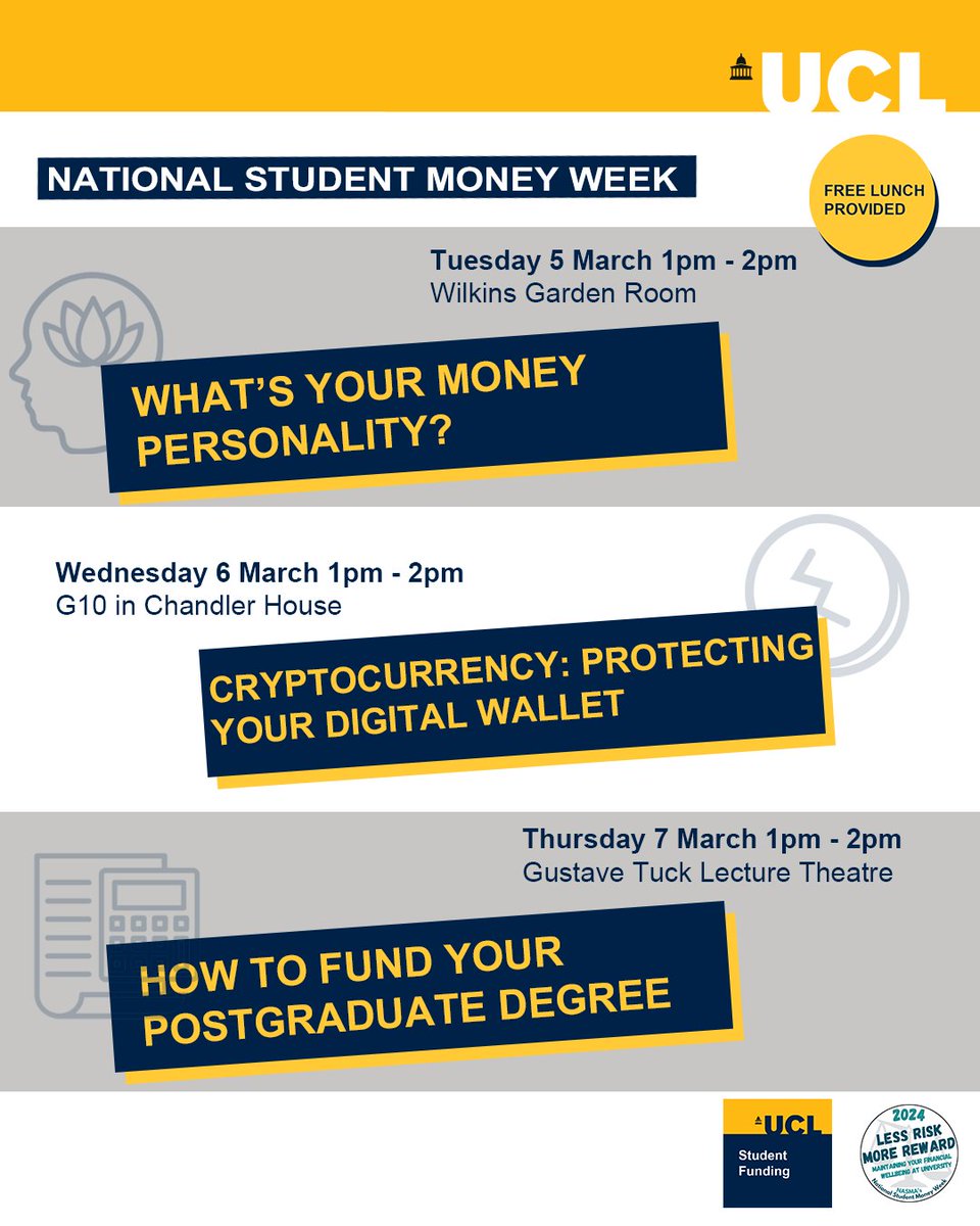 Happy National Student Money Week! 💰 This week, we're running numerous events across UCL to help students learn more about their money and avoid scams and frauds. Come along for a free lunch + grow your money knowledge! 👇 bit.ly/nsmw2024 #NSMW24